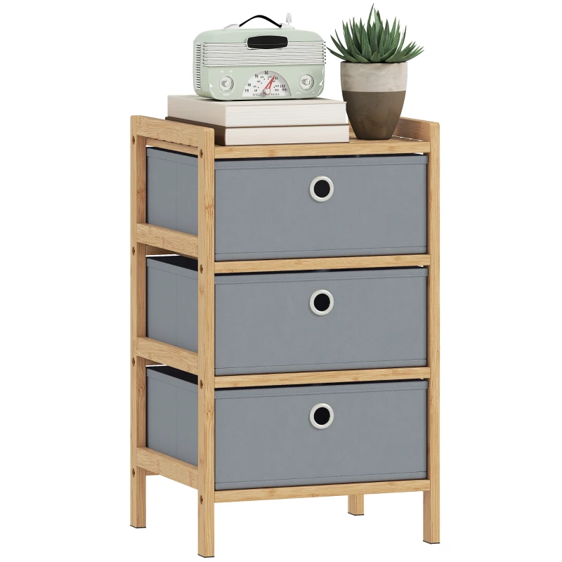 HOMCOM Chest of Drawers, 3 Fabric Drawers Narrow Dresser with Bamboo Frame, Light Grey