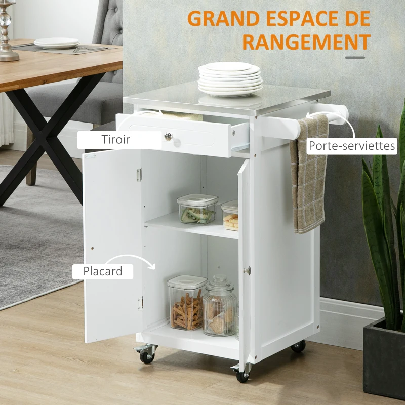 HOMCOM Chariot de service desserte de cuisine à roulettes multi-rangements 1 tiroir placard 2 portes avec étagère porte-torchons MDF blanc acier inoxydable