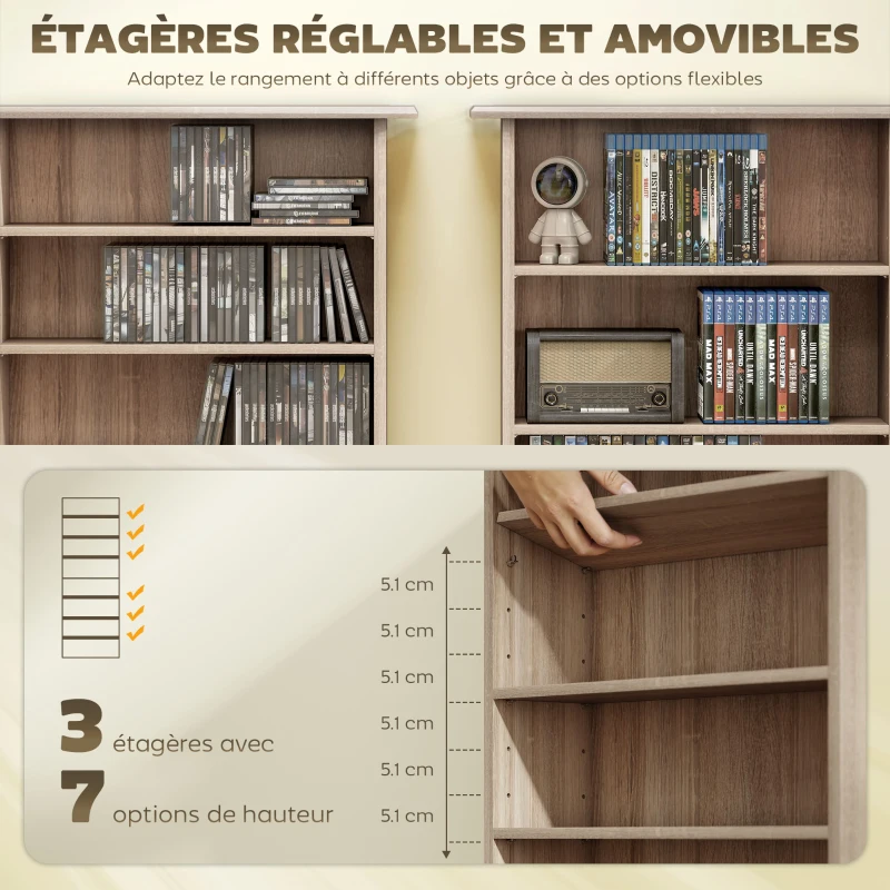 HOMCOM Rangements pour CD et DVD avec 8 compartiments et 6 étagères réglables, capacité max. 360 CD/185 DVD et Blu-ray, naturel