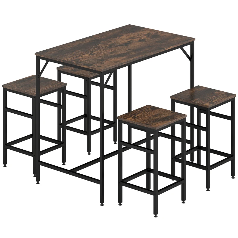 HOMCOM Ensemble table de bar industriel + 4 tabourets repose-pieds en bois couleur chêne cadre en métal noir
