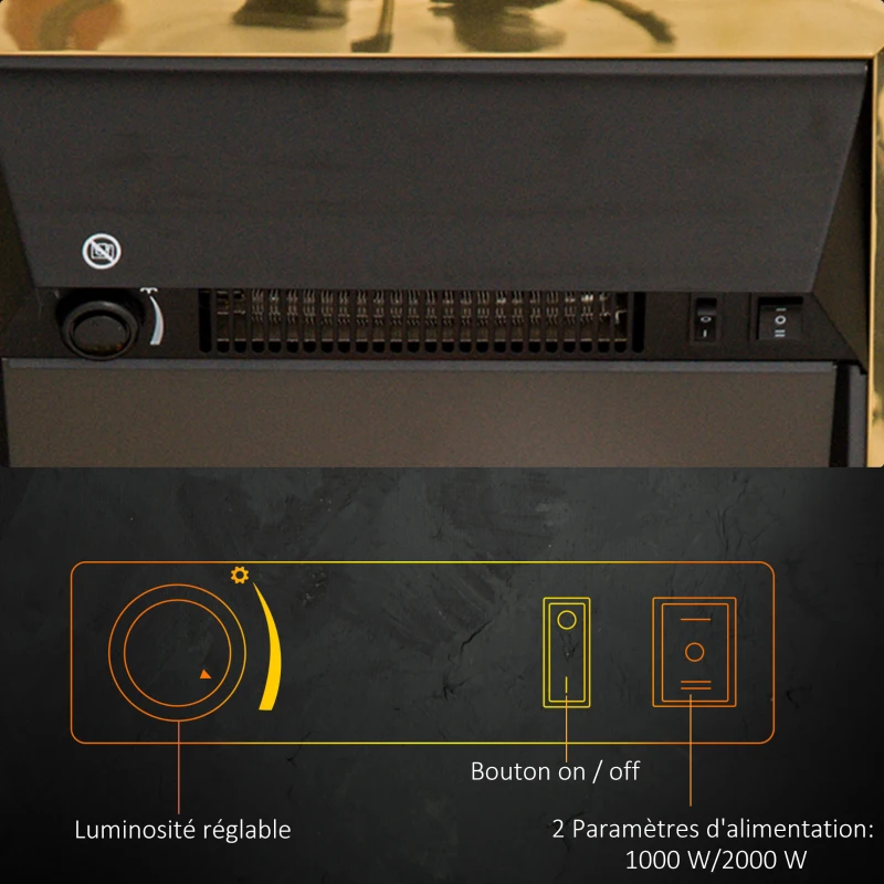 HOMCOM Cheminée électrique Effet de Flamme Style néo rétro Thermostat 1000-2000 W Noir Or