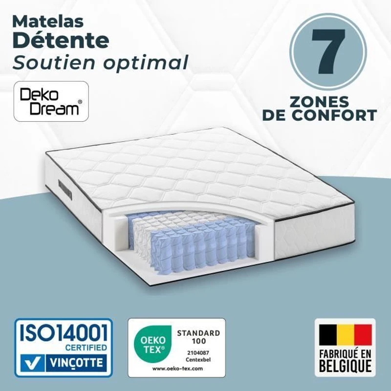 Matelas 140 x 200 cm - Hauteur 19 cm - 580 ressorts ensachés - 7 zones - Equilibré - réversible - fabriqué en Belgique - DEKO DREAM