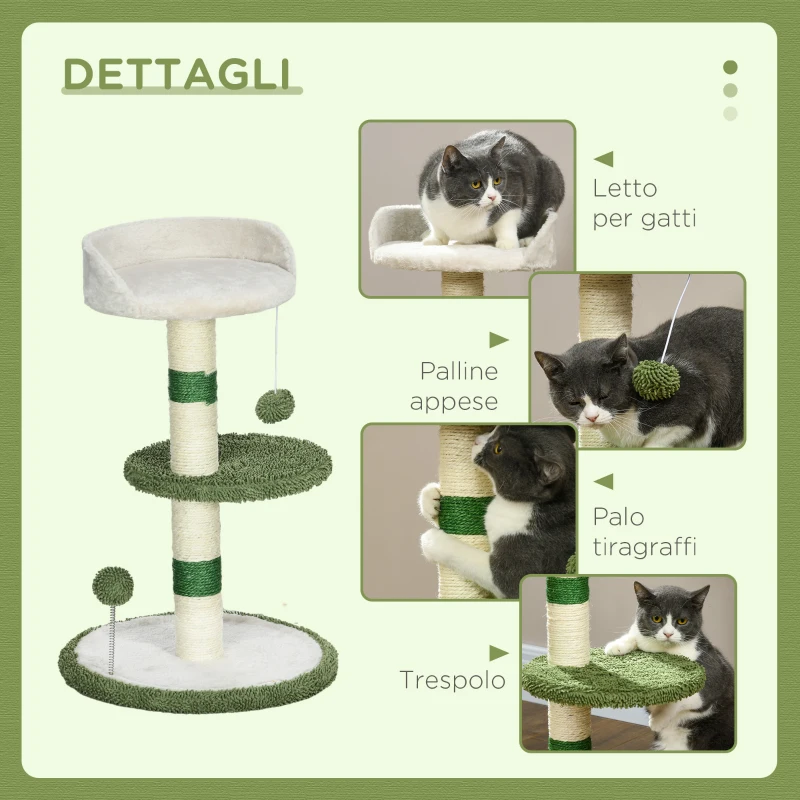 PawHut Albero Tiragraffi con Lettino per Gatti, 2 Palline, Piattaforma e Palo in Sisal, Verde e Bianco