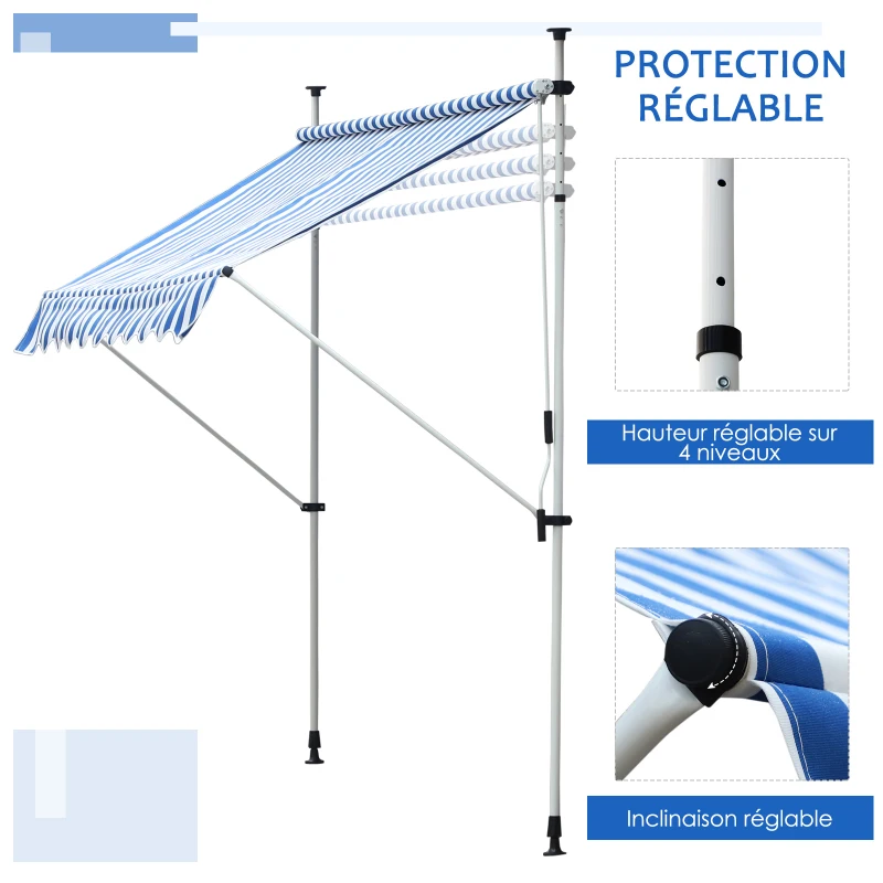 Outsunny Store banne Manuel rétractable 2,5L x 1,5l x 2-3H m Inclinaison réglable Installation Rapide métal alu Polyester Bleu Blanc rayé