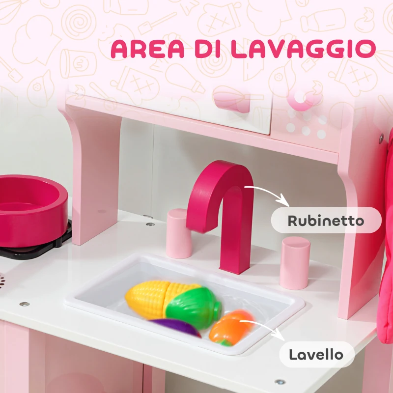 AIYAPLAY Cucina Giocattolo per Bambini 3+ Anni con Microonde, Piano Cottura e Lavandino, in Legno, 55x24x86 cm, Rosa