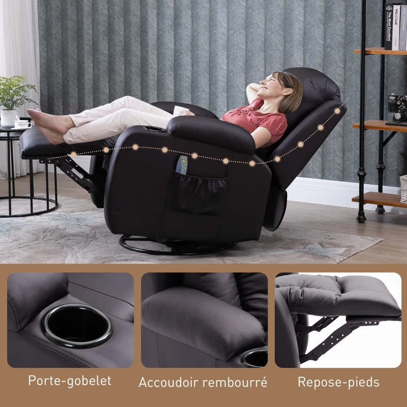 HOMCOM Fauteuil de Massage et Relaxation électrique Chauffant 360° pivotant inclinable manuellement Repose-Pied télécommande ‎Marron