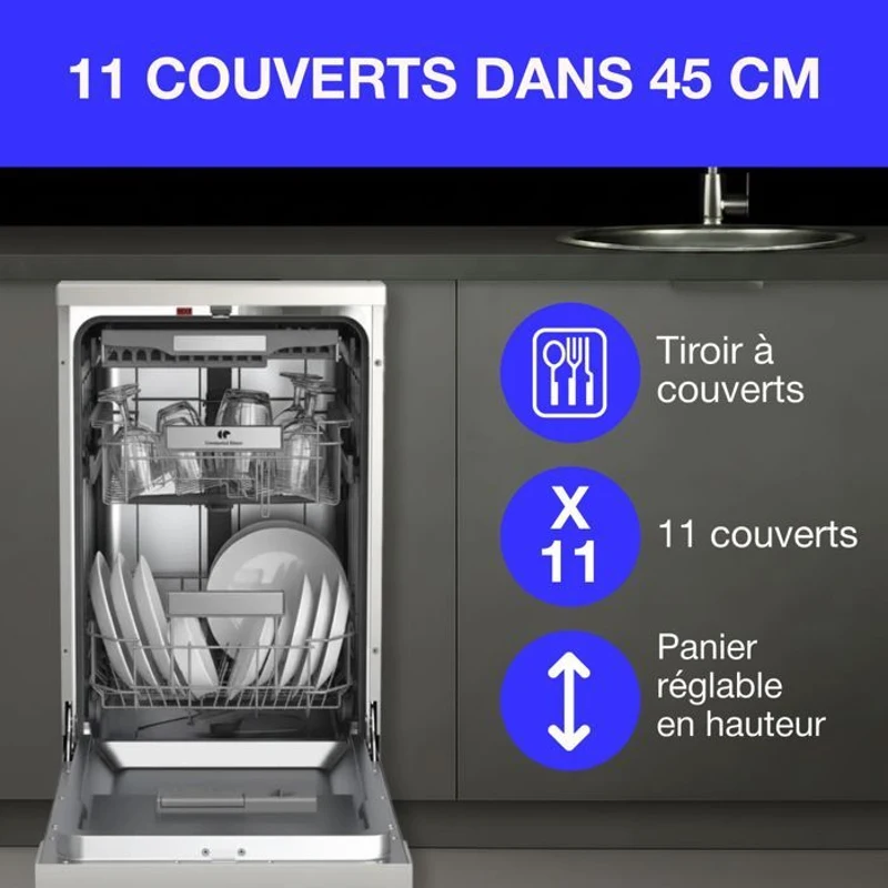Lave-vaisselle pose libre - CONTINENTAL EDISON - CELV1145S - 11 couverts - 45 cm - 45 dB  - Silver