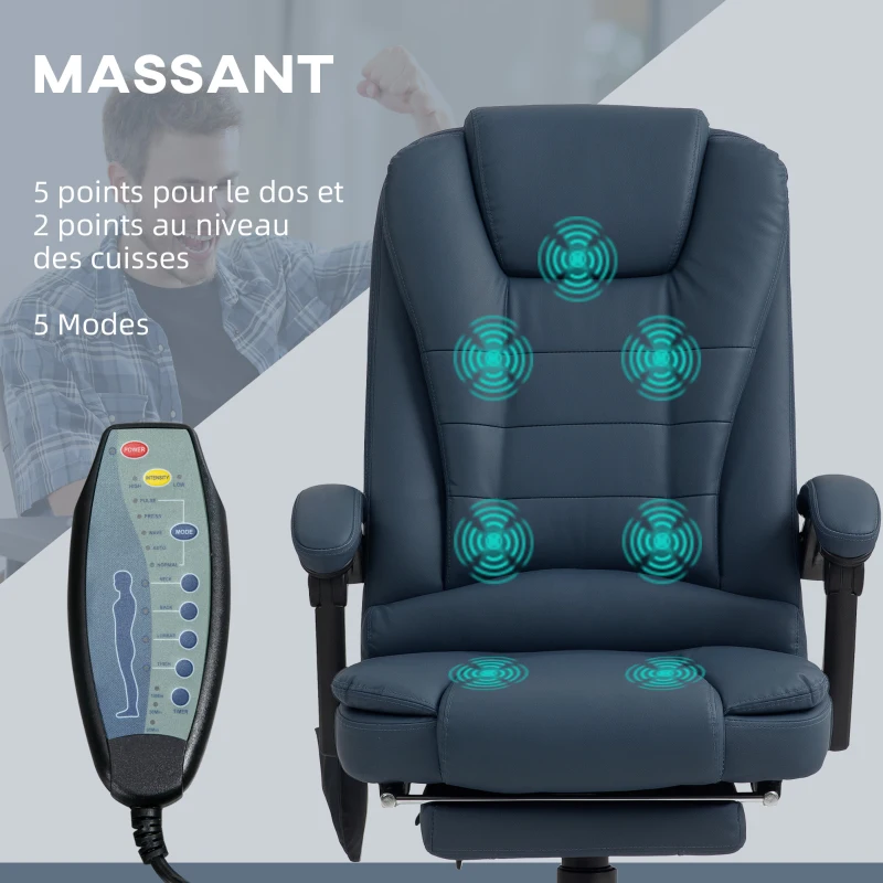 Vinsetto Fauteuil de bureau massant, chaise de bureau avec hauteur réglable, dossier inclinable et télécommande filaire, bleu