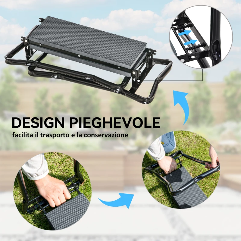 Outsunny Sedia Inginocchiatoio 2 in 1 in Acciaio con Borsa Portaoggetti e Cuscino in EVA, 58x28x49 cm, Grigio e Nero