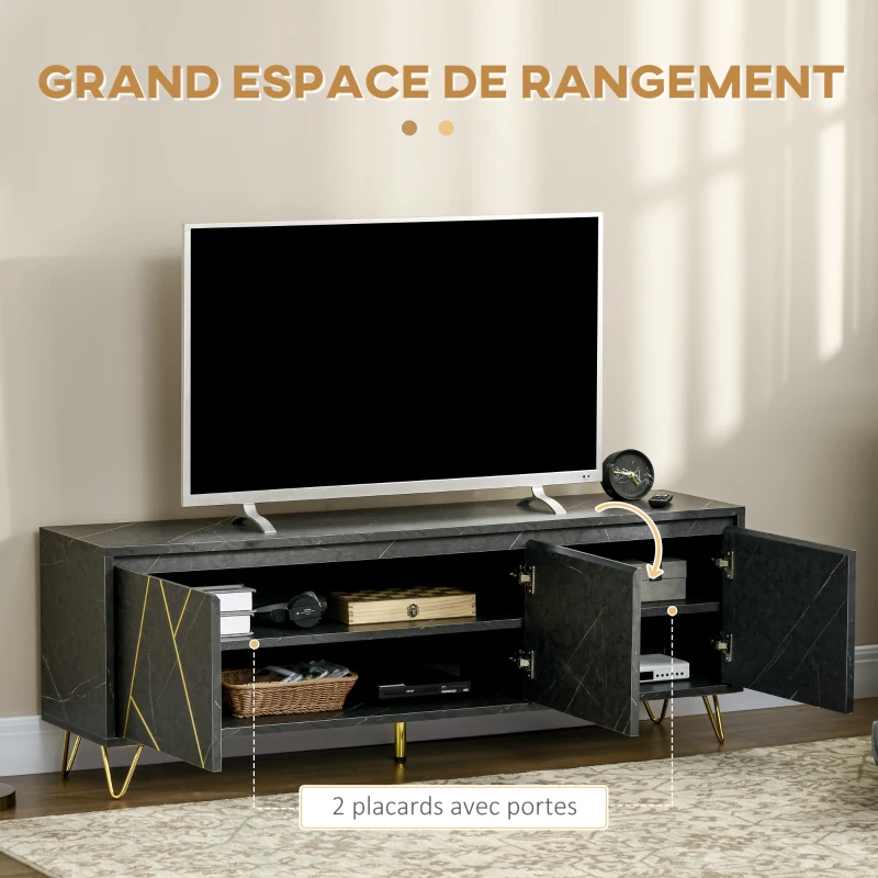 HOMCOM Meuble TV banc TV jusqu'à 65 pouces texture longueur 147 cm effet marbre 2 placards 3 portes à amortissement étagères réglables passe-câbles charge 100 Kg - 147 x 35 x 52 cm - pied en métal