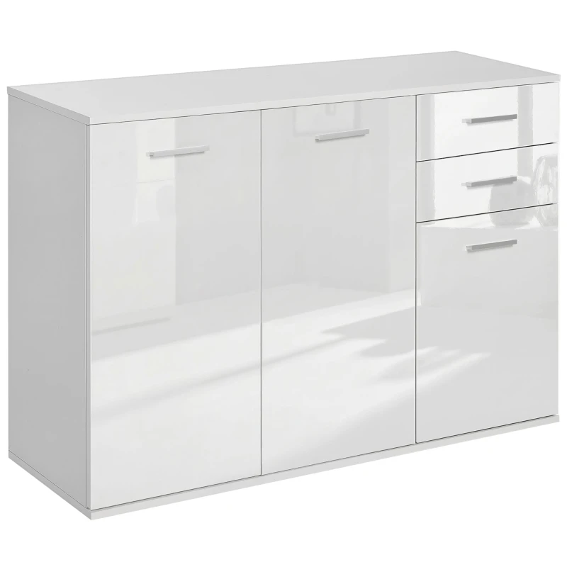 HOMCOM Buffet salon à haut brillance, meuble de rangement avec 2 tiroirs, 3 portes et étagère réglable, style contemporain, buffet salle à manger et cuisine, 106 x 35 x 76 cm, blanc