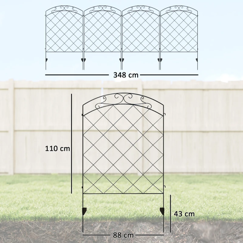 Outsunny Steel Decorative Swirls Outdoor Picket Fence Panels Set of 4, Black