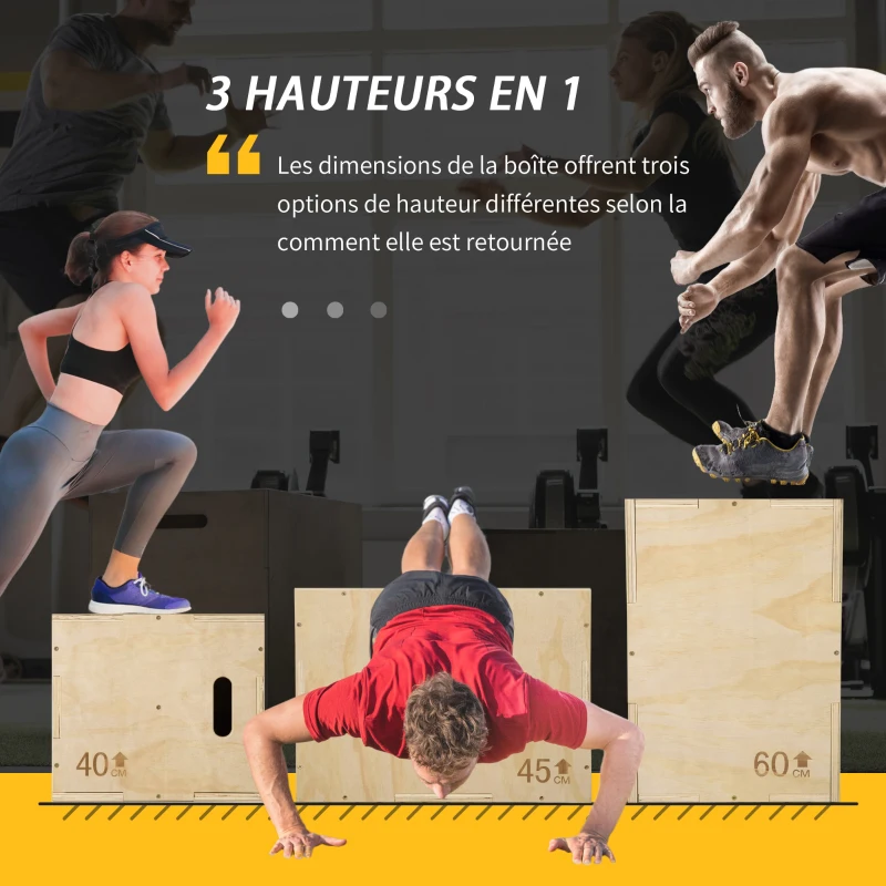 HOMCOM Box jump pliométrie 3 en 1 appareil boîte à saut musculation fitness & entraînement croisé plyobox pour box training 40/45/60 cm en bois