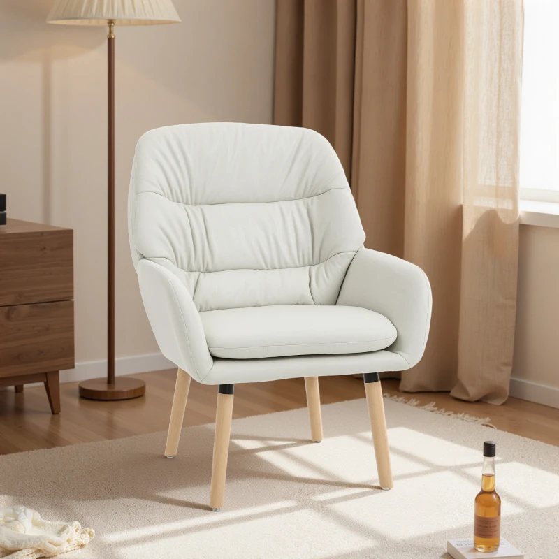 HOMCOM Sillón de Salón Moderno Acolchado de Doble Capa Tapizado en Cuero Sintético Patas de Madera 68x74x89 cm Crema