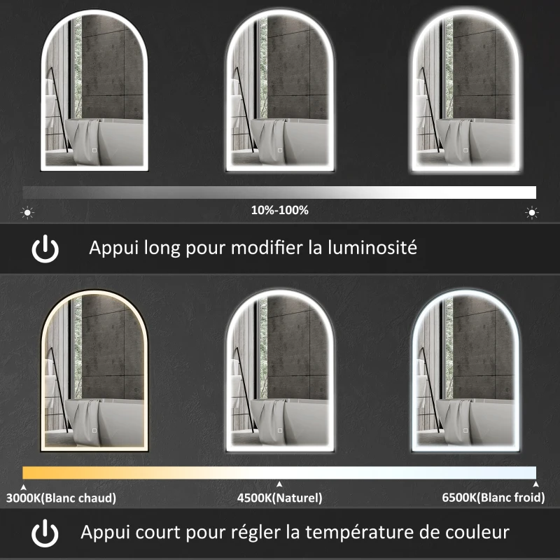 HOMCOM Miroir de salle de bain LED 90 x 60cm, mural, 3 couleurs, arqué cadre en aluminium, désembuage et interrupteur tactile