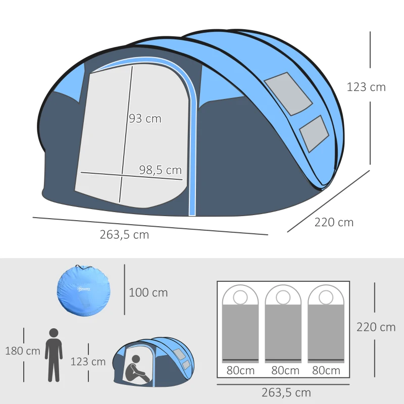 Outsunny Tente de camping pop-up pour 4 personnes, tente familiale 4 places 2000mm avec porte, fenêtres latérales et sac de transport, Anti-UV 20+, 263.5x220x123 cm, Bleu