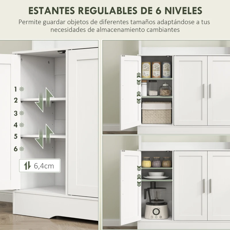 HOMCOM Alacena de Cocina con 2 Puertas de Vidrio Encimera Amplia para Microondas Estantes Ajustables Blanco