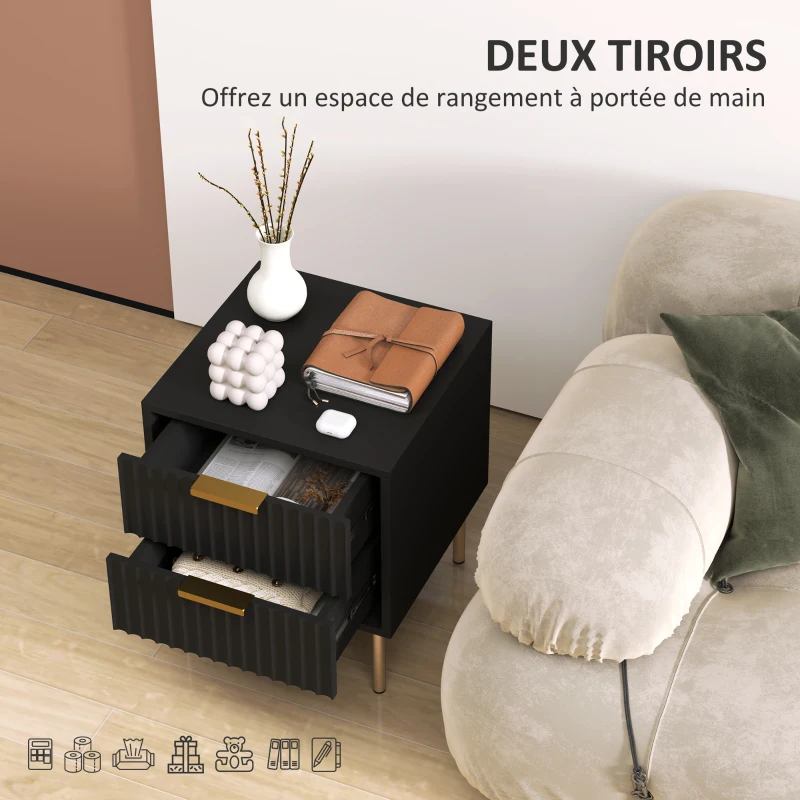HOMCOM Table de chevet, table de nuit cannelée avec 2 tiroirs et pieds en acier, pour chambre à coucher, salon, noir