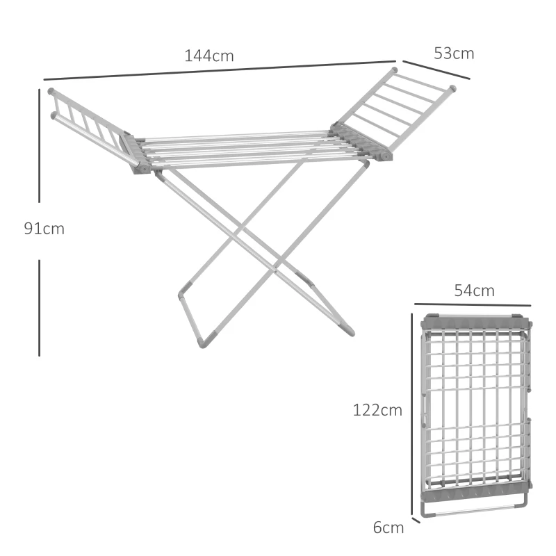 HOMCOM Séchoir à linge étendoir à linge 2 ailes latérales extensibles cadre en alliage d'aluminium 144 x 53 x 91 cm
