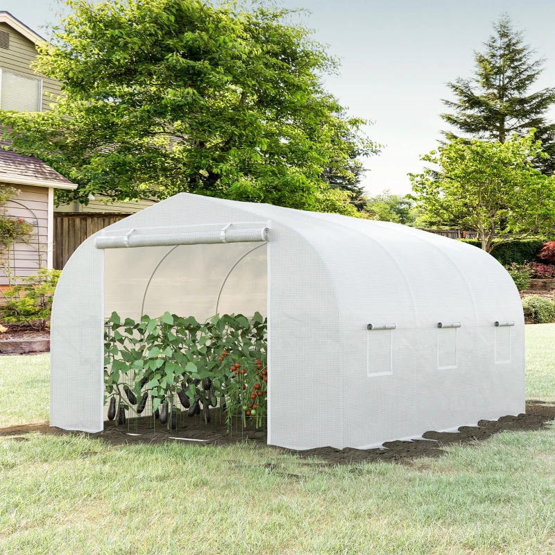Outsunny Serre de jardin serre tunnel de Jardin dim. 3,5L x 3l x 2H m Porte + 6 fenêtres enroulables Acier galvanisé bâche PE Haute densité Blanc
