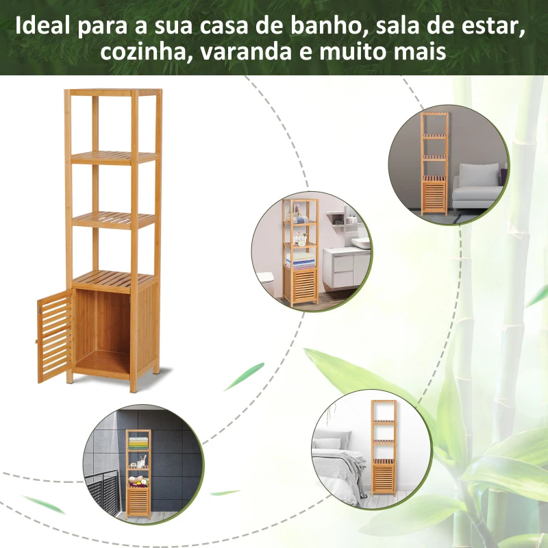 HOMCOM Estantes de bambu para o banheiro Armário alto Livraria Organizador 4 Níveis 1 Porta 36x33x140cm
