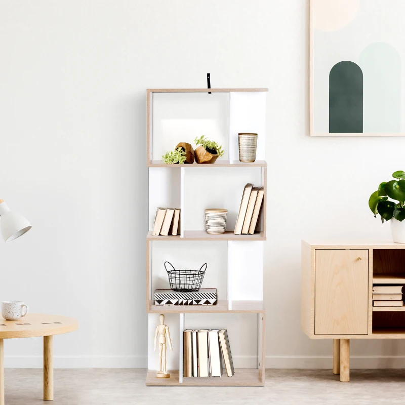 HOMCOM Bibliothèque à 4 niveaux, meuble de rangement en forme de S avec étagères, étagère de rangement pour salon, chambre bureau, 60 x 24 x 148 cm, bois naturel et blanc