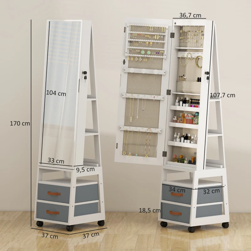 HOMCOM Espejo Joyero con Luces LED Interior Ruedas Giratorio de 360° Estantes Abiertos Cajones de Tela Blanco