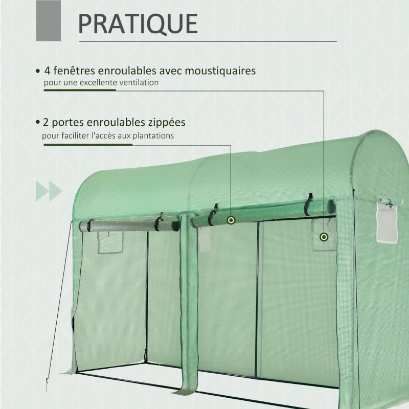 Outsunny Serre de jardin 3 m² en PE, serre d'extérieur avec bâche renforcée 140 g/m² Anti-UV, châssis en acier, 2 portes zippées déroulantes et 4 fenêtres enroulables, 3 x 1 x 2 m, vert