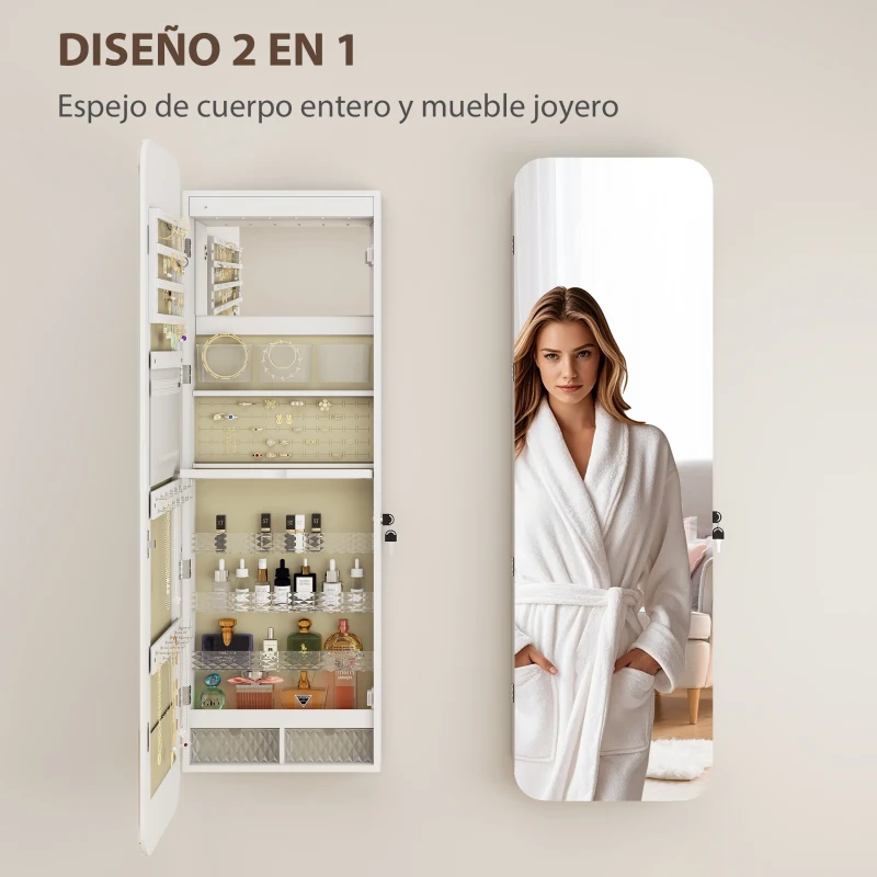 HOMCOM Espejo Joyero con Luz LED Montado en la Pared o en la Puerta con Cerradura Espejo Entero 2 Cajones Blanco
