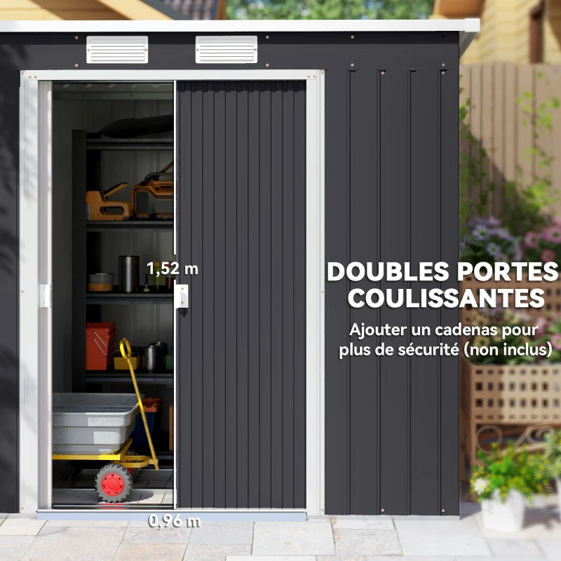 Outsunny Abri de jardin 2,77 m² 213 x 130 x 172 cm kit de fondation porte coulissante ventilations acier galvanisé gris foncé