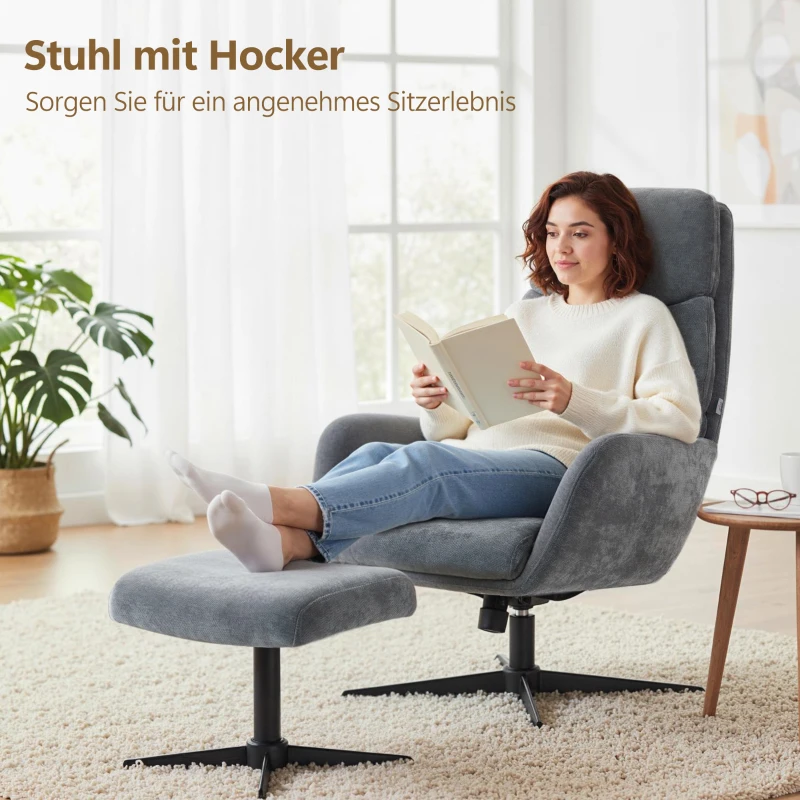 HOMCOM Polstersessel mit Fußhocker, Lounge-Sessel mit hoher Rückenlehne, Metallbasis, für Wohnzimmer, Schlafzimmer, Grau