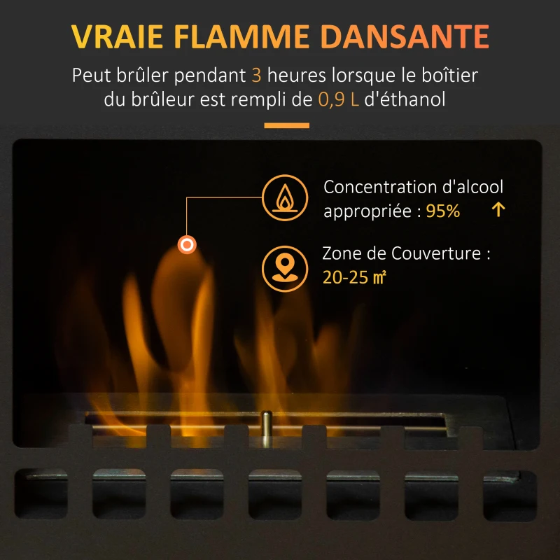 HOMCOM Cheminée bioéthanol sur pieds avec réservoir 1,2 L, environ 3 h de durée de combustion couverture 25 m² 41 x 25 x 54 cm
