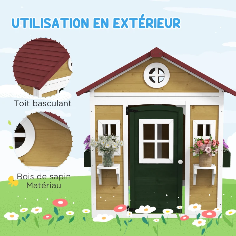 Outsunny Cabane enfant extérieur maison enfant extérieure avec porte fenêtres et jardinières 114 x 126,4 x 135 cm beige