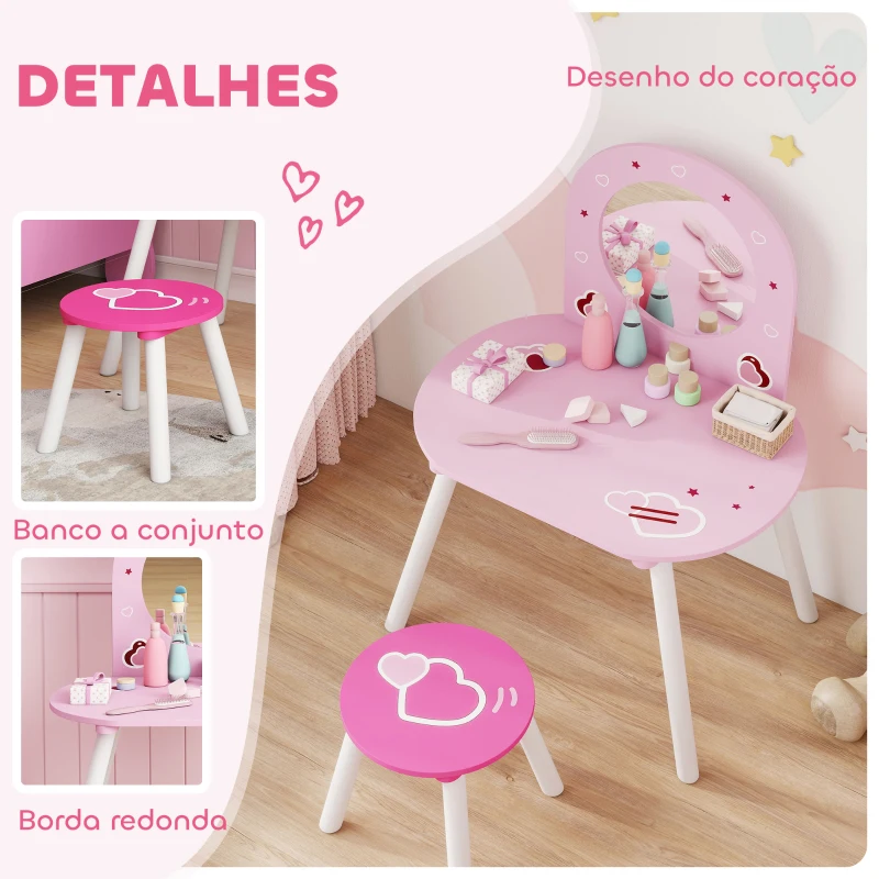 AIYAPLAY Toucador Infantil com Banco e Espelho Toucador para Meninas com Desenhos de Corações  60x43,5x83 cm  Rosa