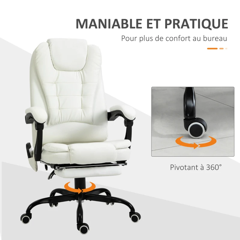 Vinsetto Fauteuil de bureau massant, chaise de bureau, chaise ergonomique avec hauteur réglable, dossier inclinable et télécommande filaire, repose-pieds rétractable et pivotant à 360°, blanc(m-7)
