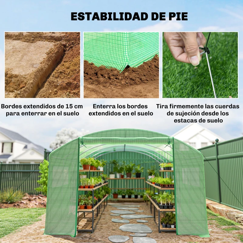 Outsunny Invernadero de Túnel 6x3x2 m con 6 Ventanas de Malla Cubierta de PE Anti-UV y 3 Puertas Enrollables Verde