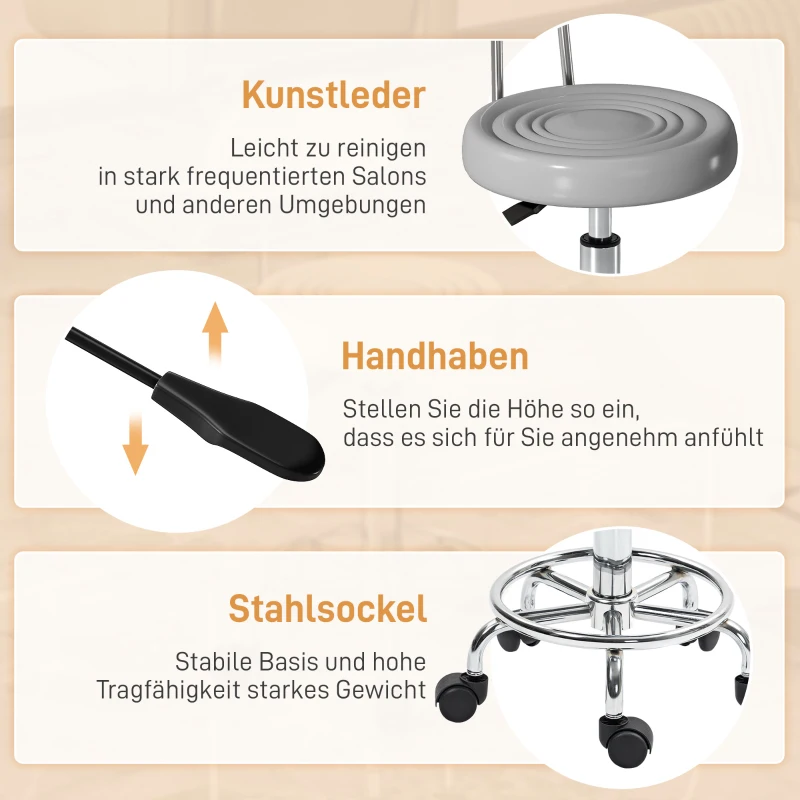 HOMCOM Rollhocker, Drehbarer und verstellbarer Hocker mit Rückenlehne, Kunstlederbezug, Fußstütze, für Frisiertische, Grau