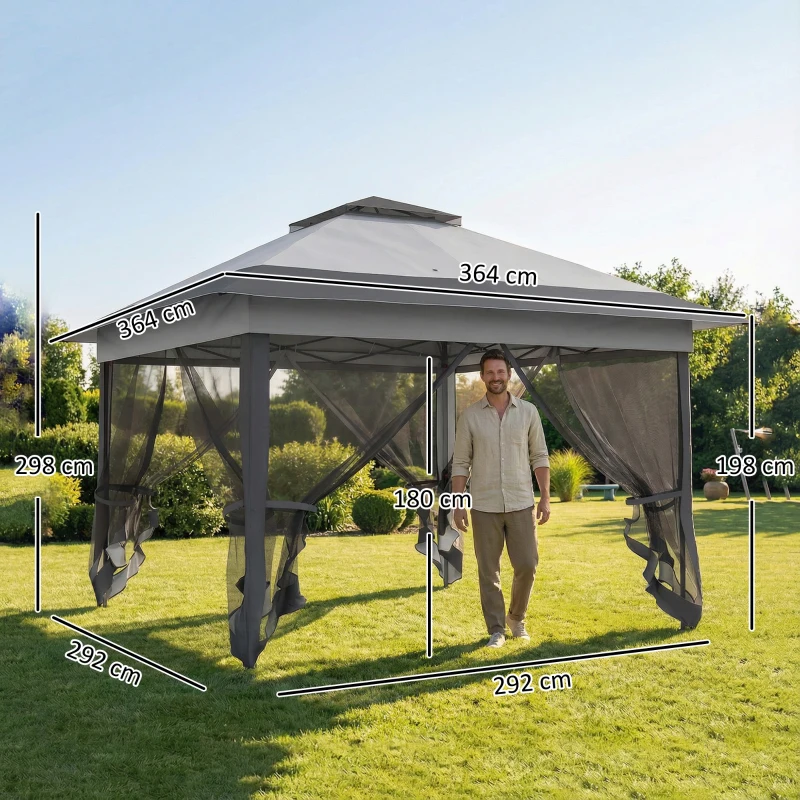 Outsunny Gazebo Pieghevole 3.6x3.6m con Prese d'Aria e Zanzariere, in Acciaio e Tessuto Oxford, Grigio