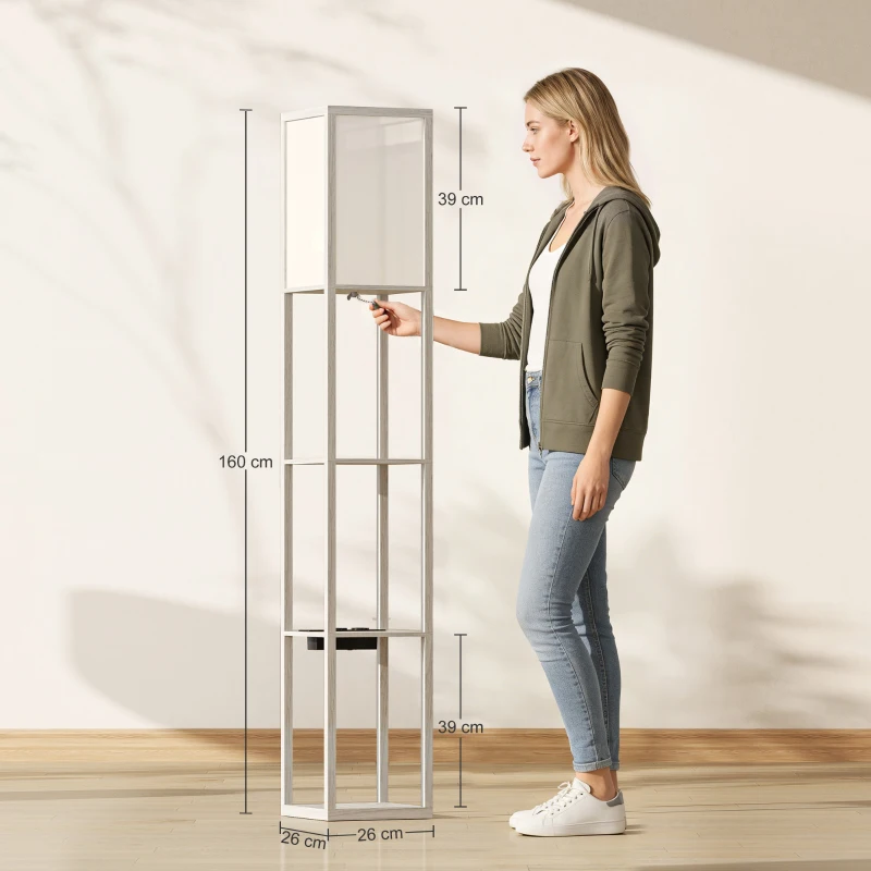 HOMCOM Stehlampe mit Ablagen, einstellbares Licht, Fußschalter und USB-Anschlüsse, Weiß und Eiche