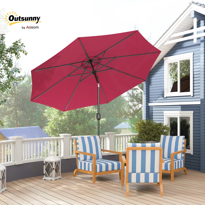 Outsunny 3m Parasol Patio Umbrella, Outdoor Sun Shade with Tilt and Crank Handle for Balcony, Bench, Garden, Wine Red