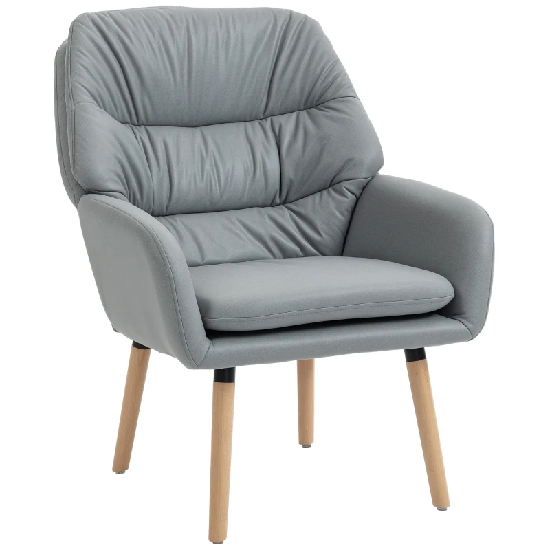 HOMCOM Sillón de Salón Moderno Acolchado de Doble Capa Tapizado en Cuero Sintético Patas de Madera 68x74x89 cm Gris