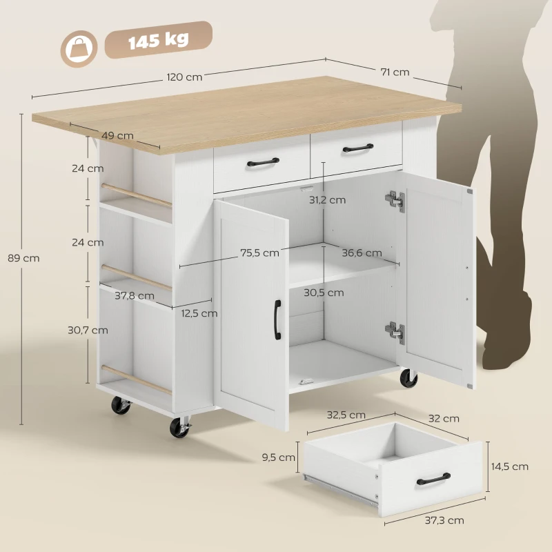 HOMCOM Isla de Cocina con Estación de Carga, Carrito de Cocina con Ruedas y Encimera Abatible, 2 Cajones, Blanco