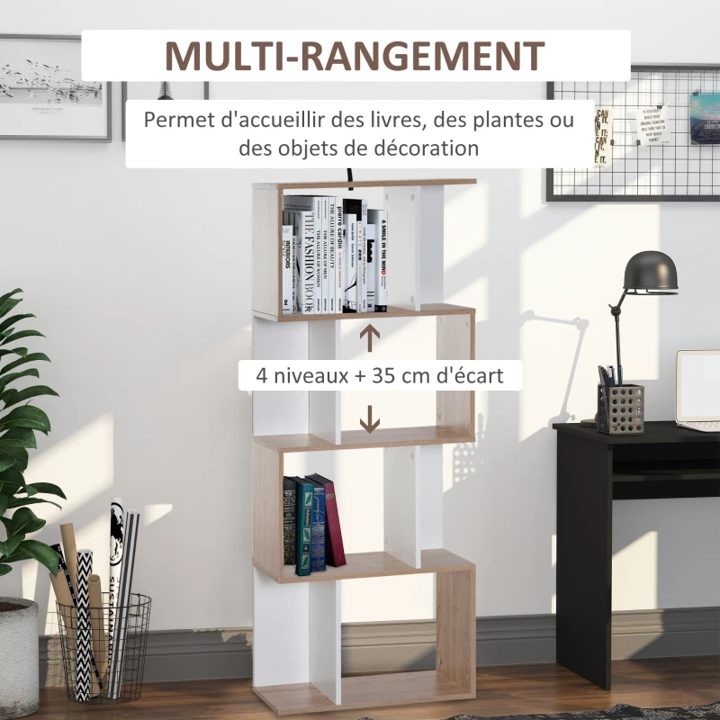 HOMCOM Bibliothèque à 4 niveaux, meuble de rangement en forme de S avec étagères, étagère de rangement pour salon, chambre bureau, 60 x 24 x 148 cm, bois naturel et blanc