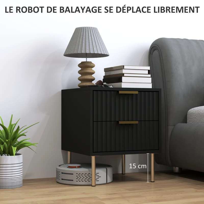 HOMCOM Table de chevet, table de nuit cannelée avec 2 tiroirs et pieds en acier, pour chambre à coucher, salon, noir