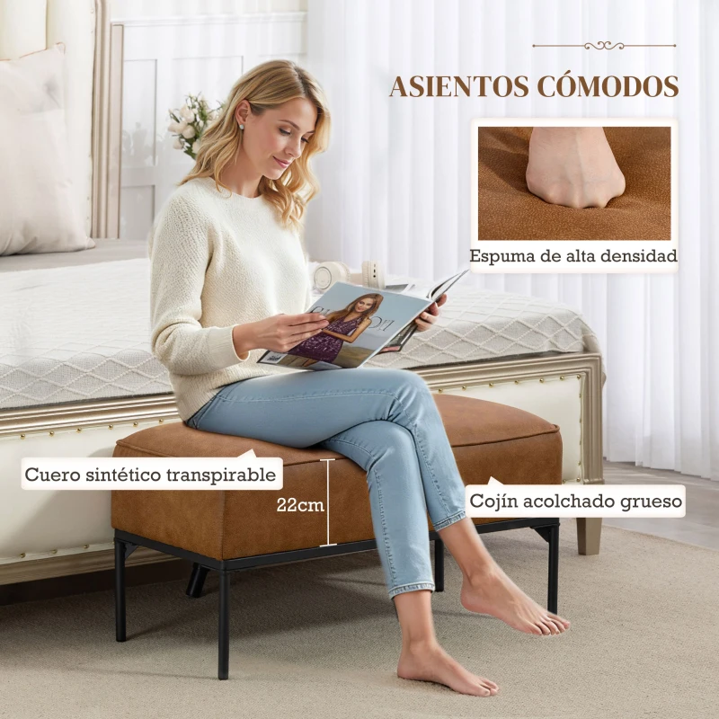 HOMCOM Taburete Pie de Cama Moderno de Cuero Sintético con Asiento Acolchado Grueso y Patas de Acero 80x40x46 cm Marrón