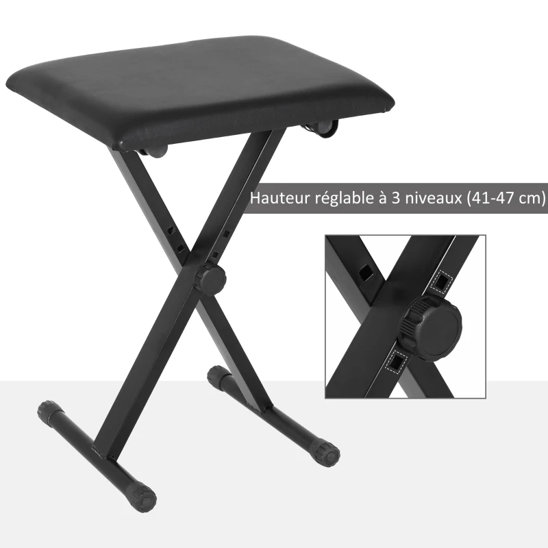 HOMCOM Tabouret piano pliable, banc piano réglable en hauteur de 37 à 47 cm, siège rembourré en PU et pieds en métal antidérapants, charge 100 kg, noir