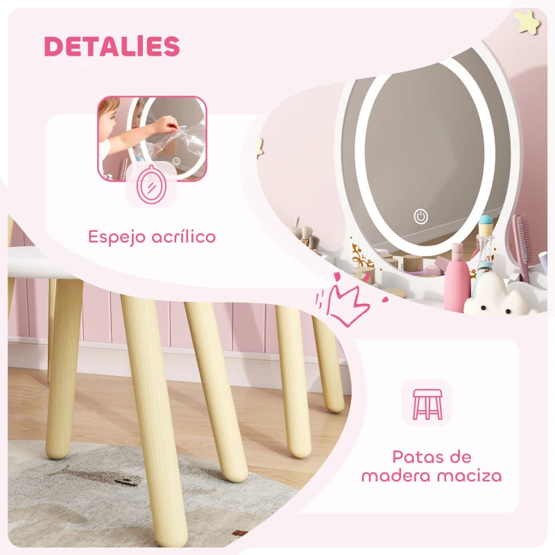 AIYAPLAY Tocador de Maquillaje Niña con Luces LED de 3 Colores Taburete Espejo 2 Cajones 2 Cajas de Almacenaje Blanco