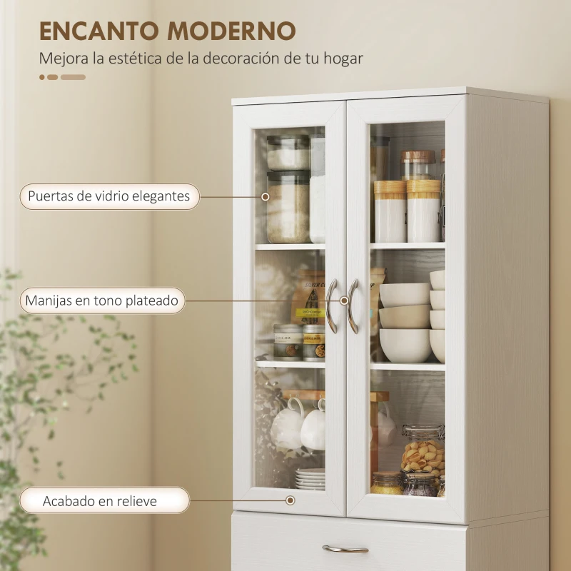 HOMCOM Alacena de Cocina con Puertas de Vidrio Cajón Estantes Ajustables para Comedor Salón 60x35x180 cm Blanco