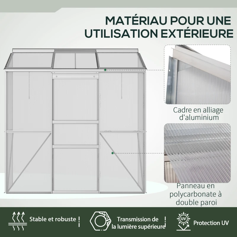Outsunny Serre adossée serre de jardin fenêtres ouvrables à 5 niveaux panneau en PC cadre aluminium 192 x 68 x 196 cm transparent(m-7)