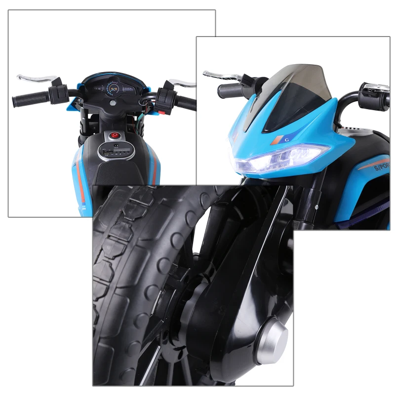 HOMCOM Moto électrique pour Enfants de 3-6 ans 25 W 6 V 3 Km/h Effets Lumineux et sonores roulettes Amovibles Charge max. 30 kg Bleu(m-9)